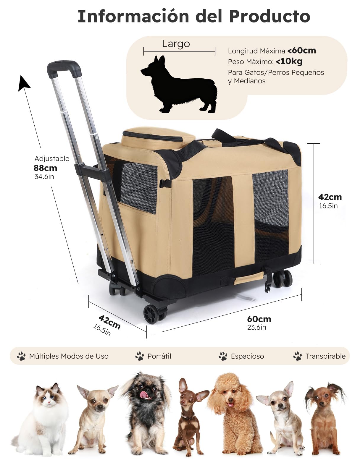 PETCUTE Transportín Plegable para Perros y Gatos Pequeños,60 x 42 x 42cm,Bolsa Transporte Transpirable para Mascotas,Tela Oxford,Transportín Perro Gato con Asas y Bolsillo de Almacenamiento,Caqui