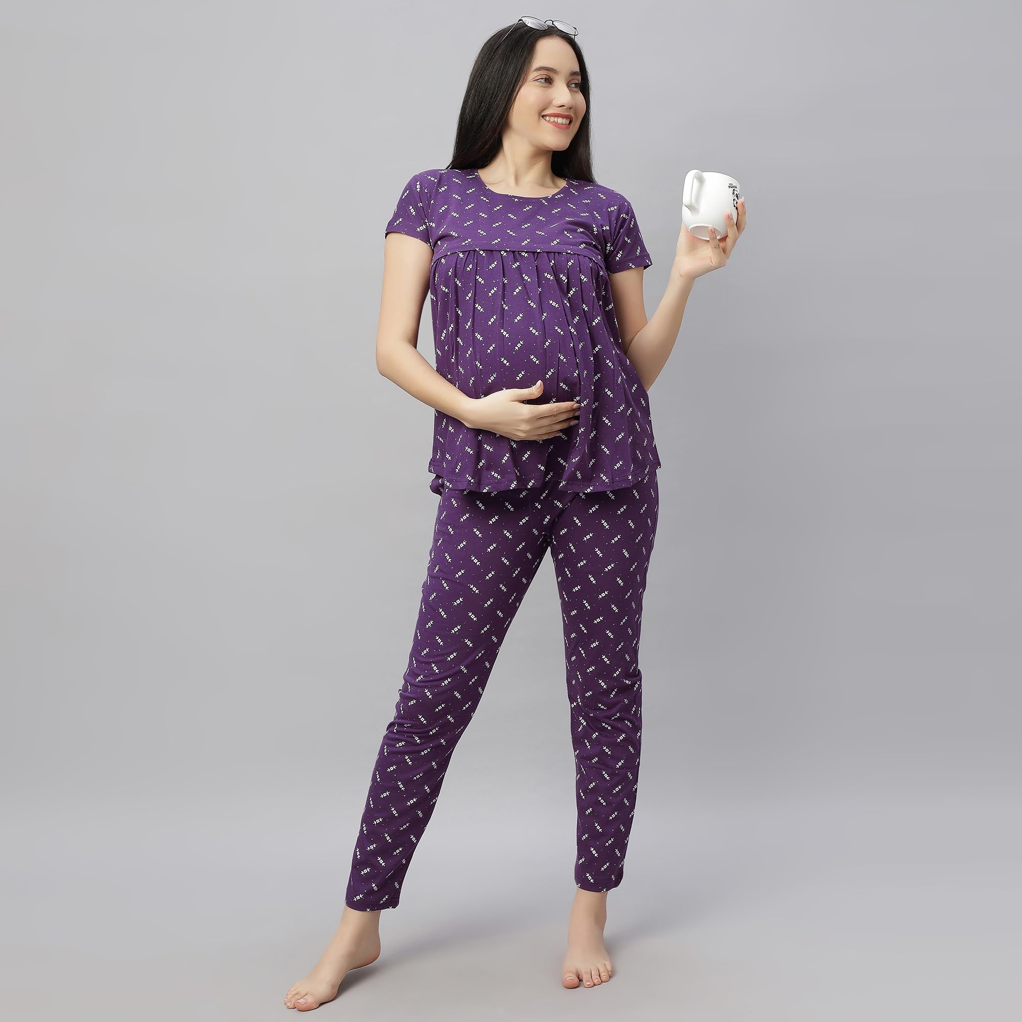 DZZO Women's Cotton Printed Maternity Night Suit | Comfortable Feeding Night Dress | Soft & Breathable Nursing Pajama Set | Color - Purple, Size - XL - Image 5 thumbnail