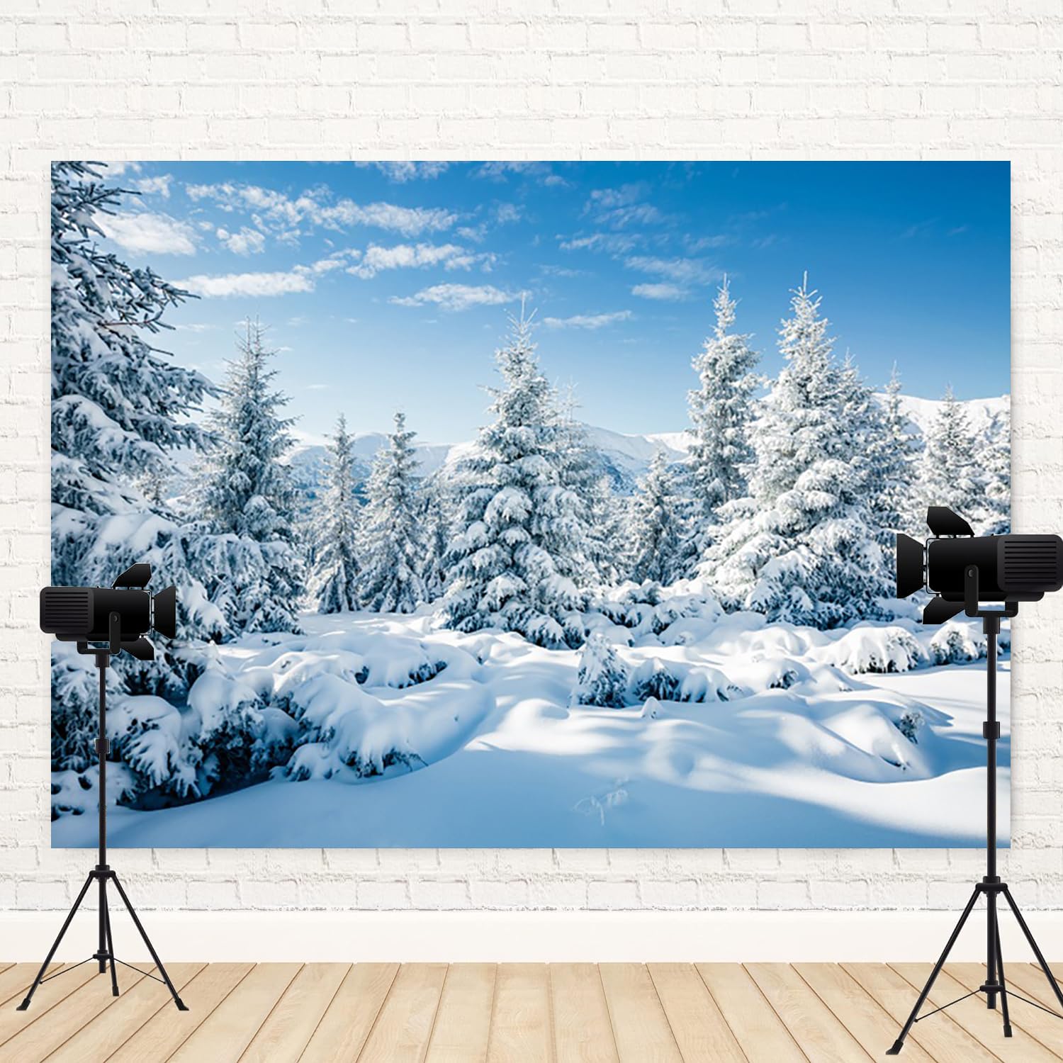 3 x 2,4 m Inverno Paese delle Meraviglie Sfondo Neve Foresta Fotografia di Natale Sfondo Bianco Scena innevata Pini Blu Cielo Nuvola Banner Decorazioni Natale Capodanno Vacanze Festa Photo