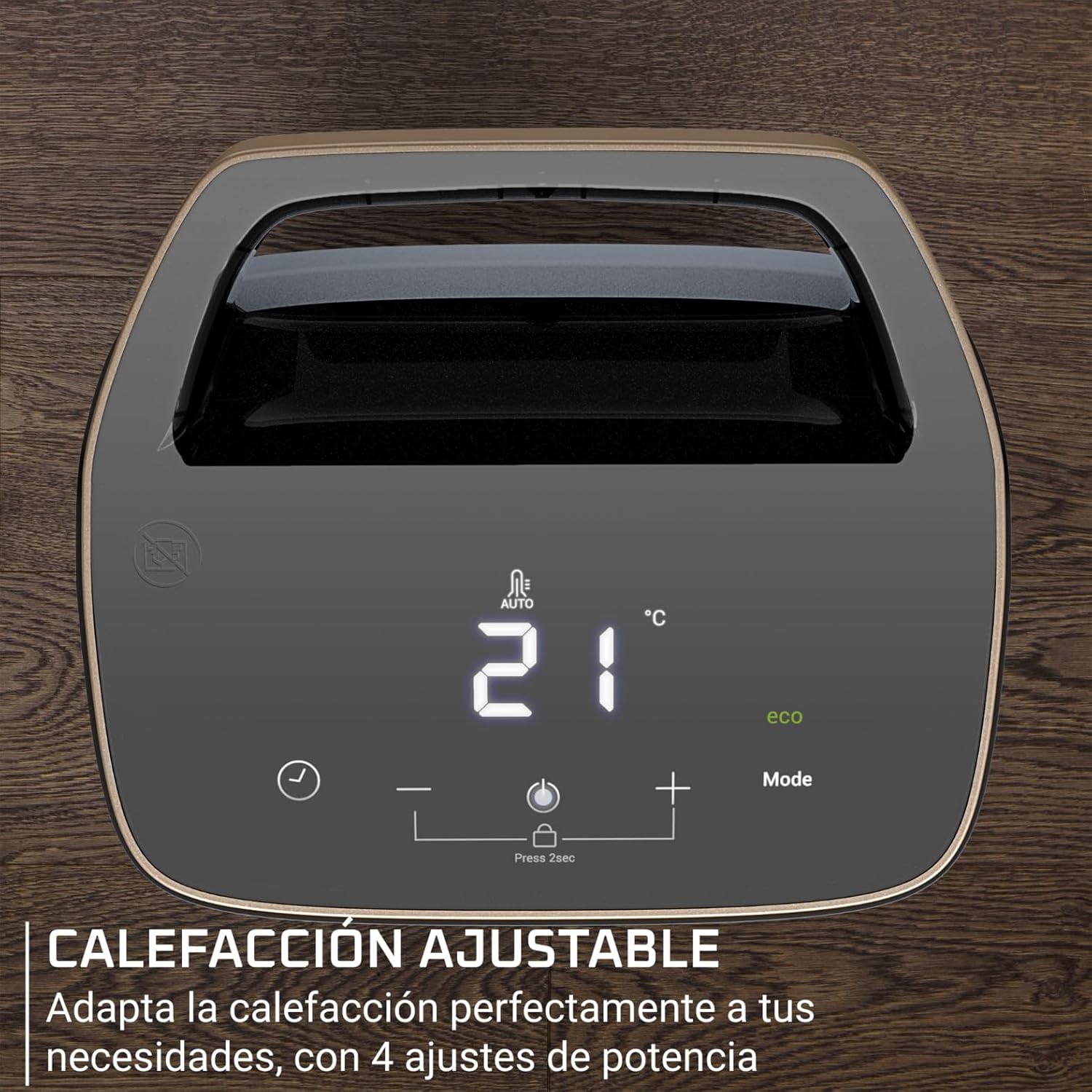 Close-up image of the Rowenta Intense Comfort + heater's digital control panel, showing temperature display and control buttons.