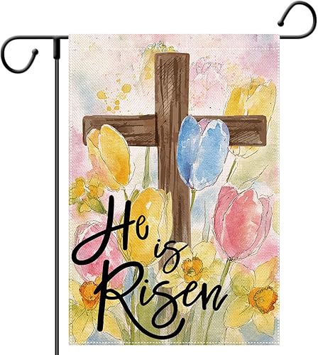 Bandera de jardín de Pascua con texto en inglés «He is Risen» para exteriores, de doble cara, de doble cara, decoración religiosa cristiana de