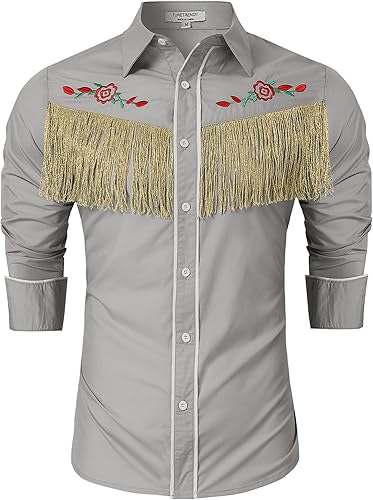 TURETRENDY Men's Western Cowboy Fringe Shirt Long Sleeve Rose Embroidered Slim F