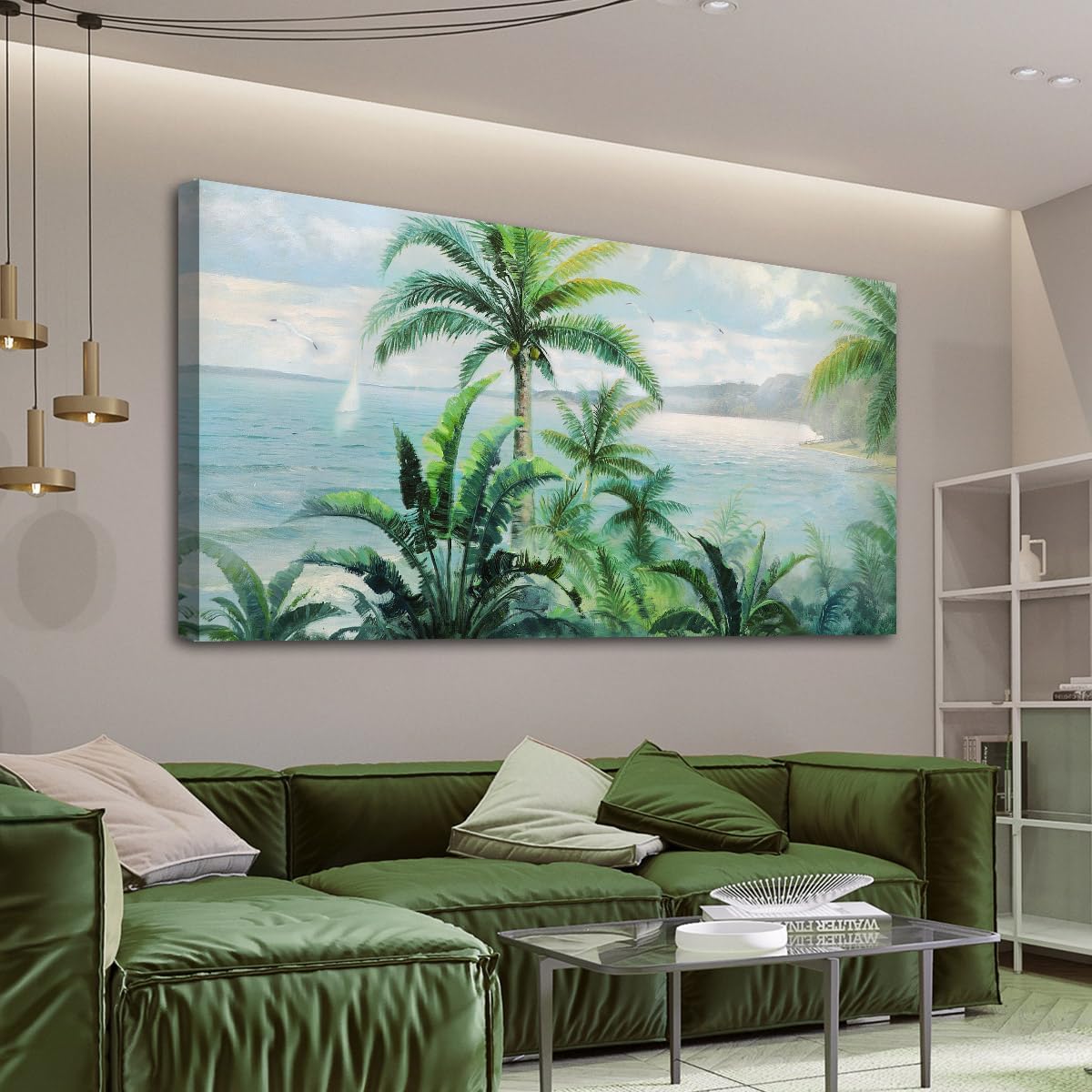 Anolyfi Palm Tree Picture Green Tropical Wall Art for Living Room Landscape Large Canvas Painting Nature Seascape Textured Artwork Framed Bedroom Kitchen Hallway Office Home Decor 40"x20"