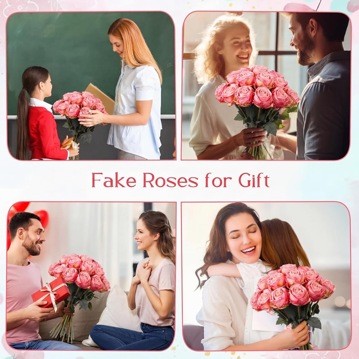 Suncalla 20 Pcs Artificial Roses Flowers Bulk, Vintage Burnt Edge Silk Fake Roses with Long Stems Realistic Flowers for DIY Wedding Valentines Bouquet Centerpiece Home Party Decor(Pink)