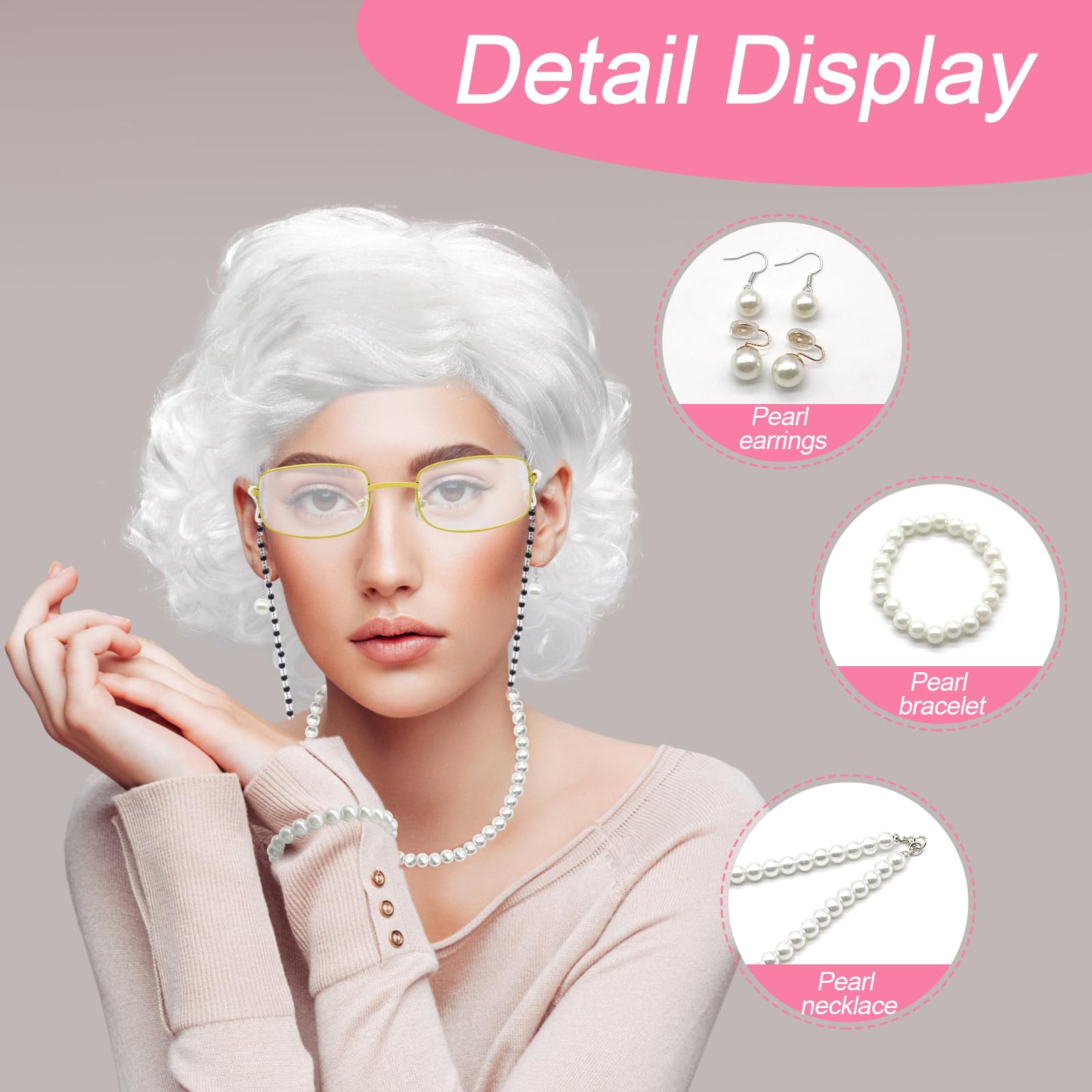 GLGHMH 10pcs Old Lady Costume Set, Grandma Wig Cap Including Glasses Pearl Earring Bracelet Necklace Inflatable Walking Stick - Image 4