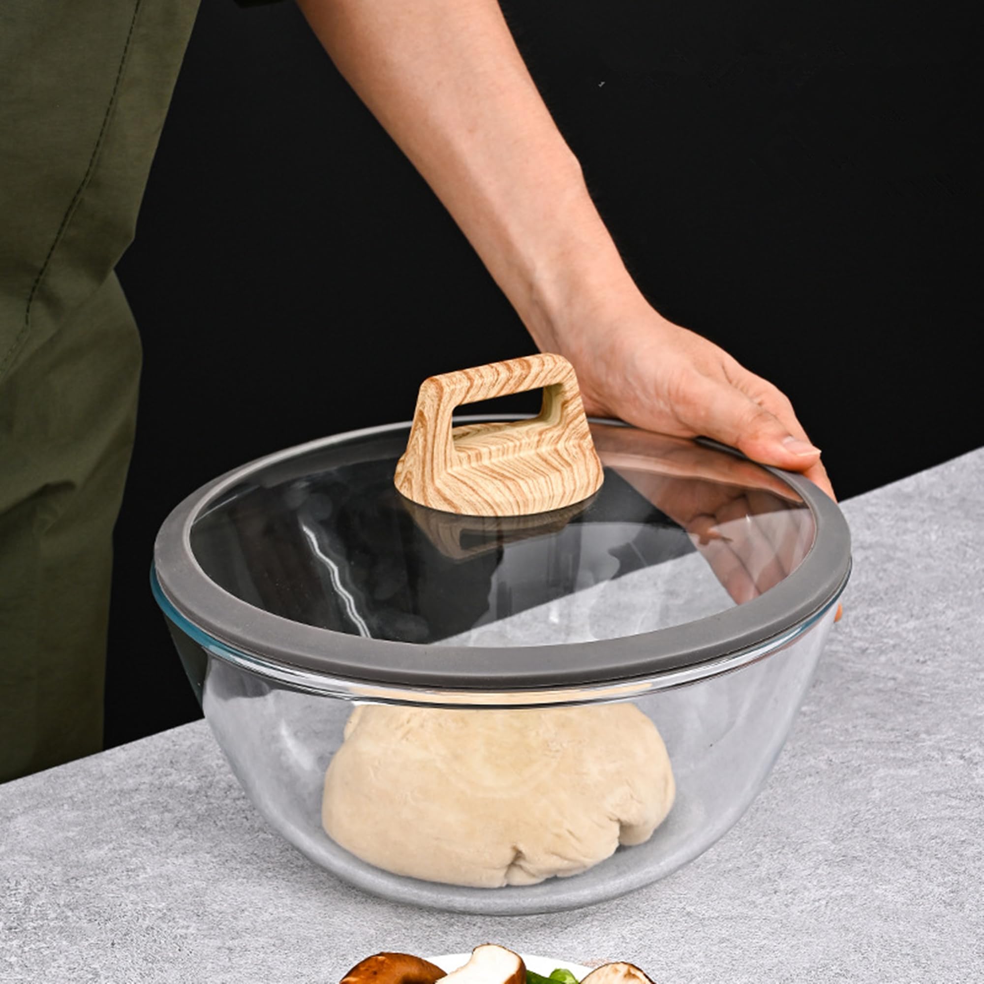 Cuenco de Cocina de 37 cm, Tazones para Aperitivos Capacidad 4.5 Lts, Apto para Horno, Apto Microondas, Bowls de Vidrio con Tapa con bordes de Siliconada
