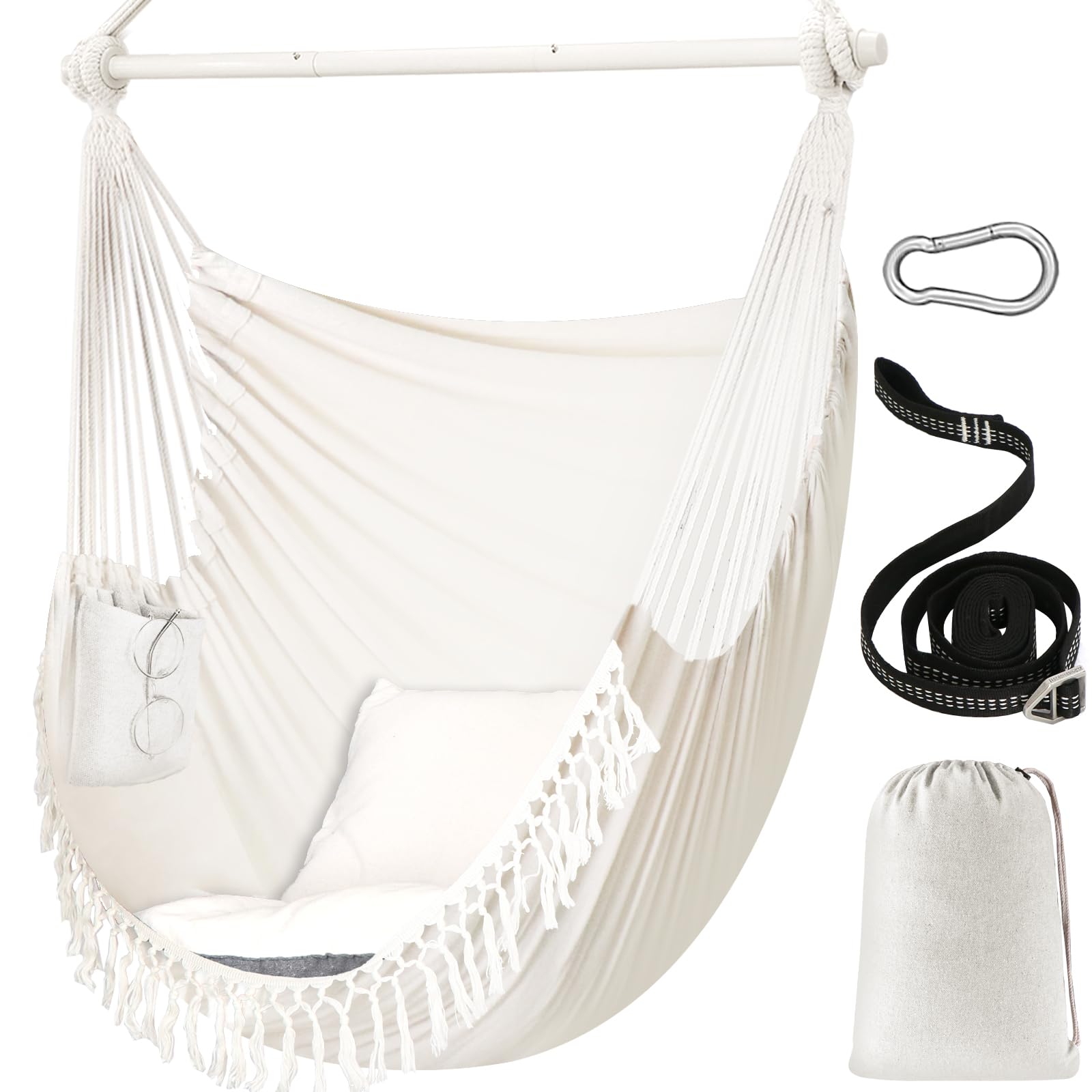 Chihee Hangstoel, 150 x 120 cm, vergrote hangschommel, max. 227 kg, 2 kussens, inclusief metalen spreidstang met antislip groeven, draagbare hangstoel, zijtas, Boheems, binnen, buiten