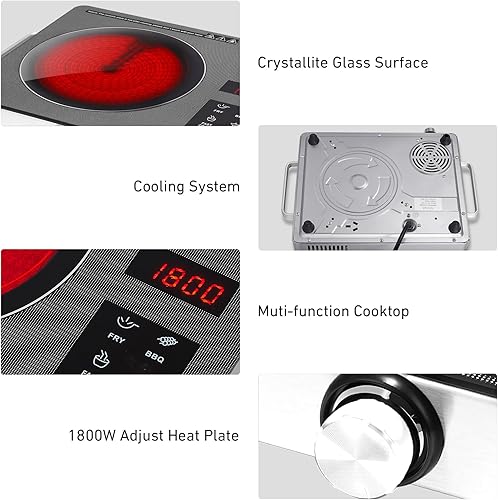 Miniatura 6 de OCTAVO - Quemador infrarrojo portátil de 1800 W, quemador eléctrico con temporizador de 4 horas, placa eléctrica con panel de control táctil,