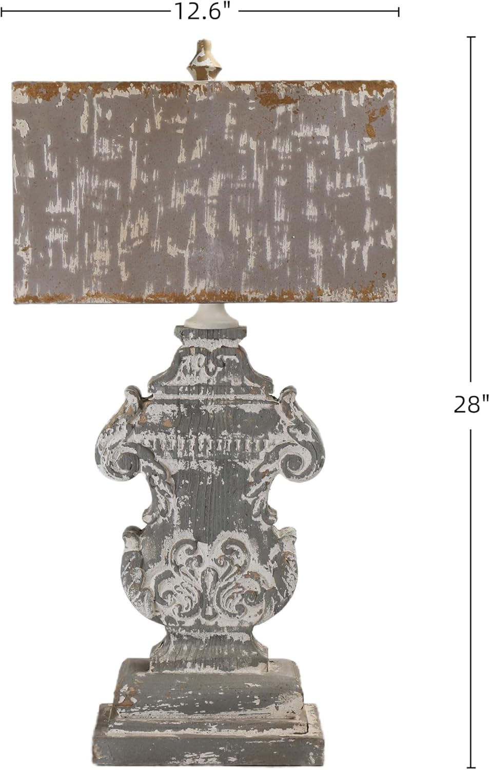 Vintage Rectangular Table Lamp, 28" Tall Distressed Gray Finish with Ornate Pedestal Base, French Country Style for Living Room or Bedroom