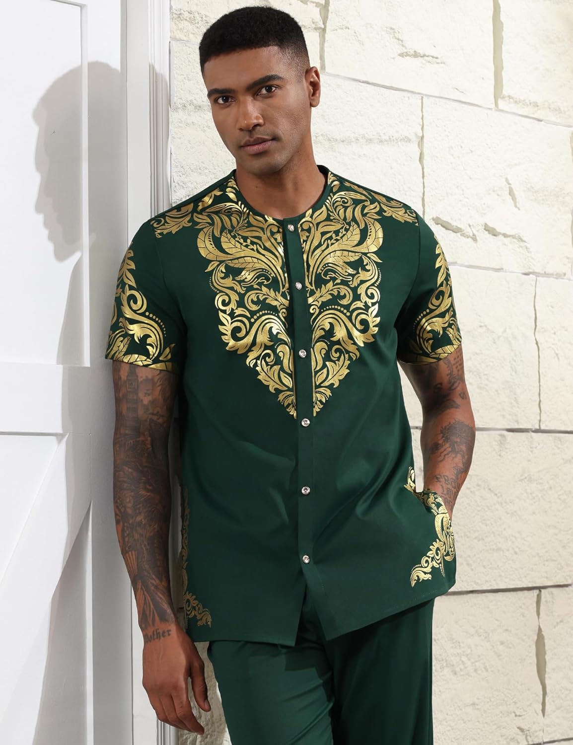 Mens African 2 Piece Set Nigerian Dashiki Metallic Short Sleeve Suit Gold Stamp Printed Shirt and Pants Outfit