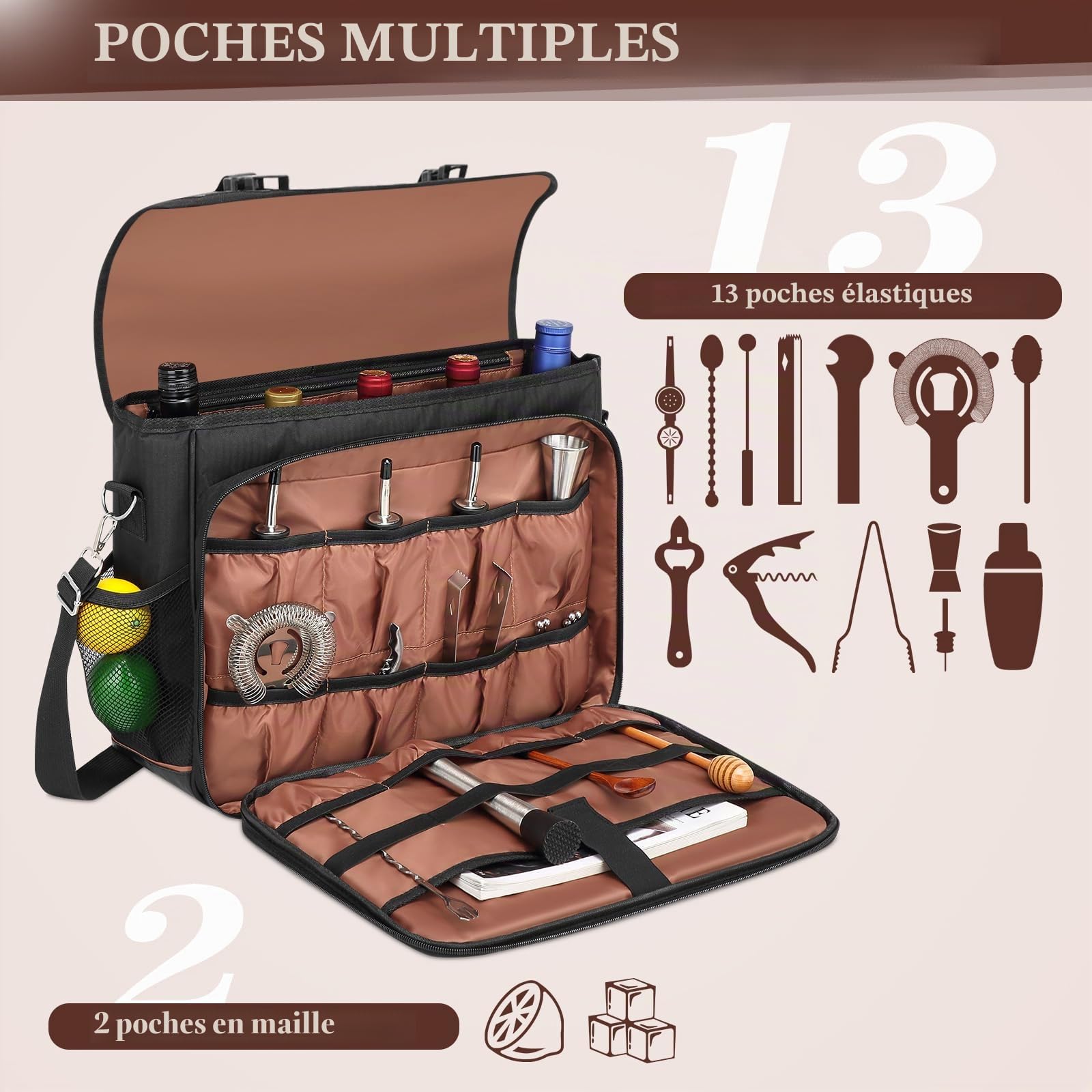 Sac de bartender pour shaker à cocktail, sac messenger avec compartiments rembourrés pour le kit de barman de voyage, sac à outils portable, parfait pour agitateurs à cocktail et shakers de