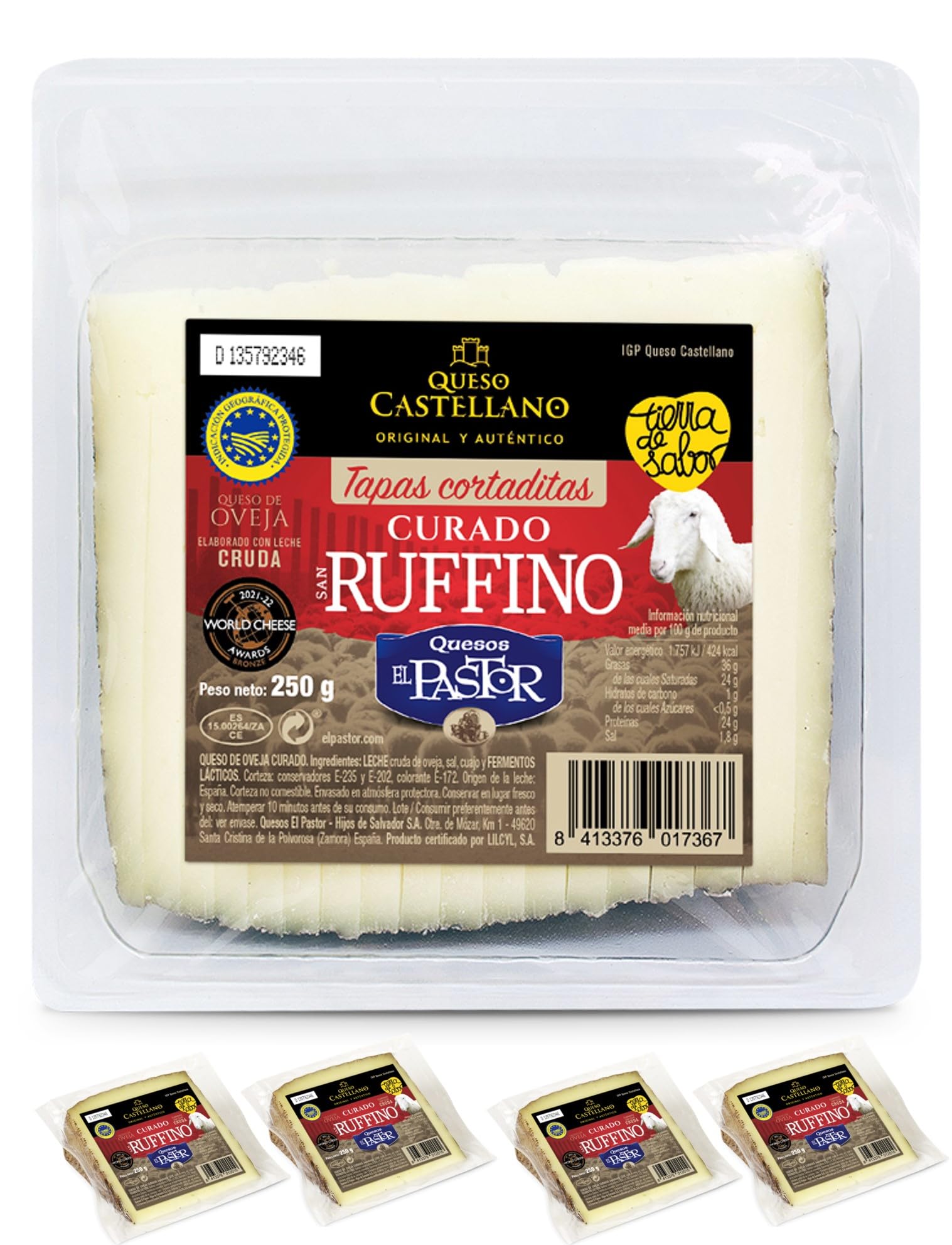 Queso El Pastor - Cuñas Cortadas - Envío 24 h - 1 kg de Queso Castellano Zamorano curado - Medalla de Oro World Cheese Award (4 Cuñas)