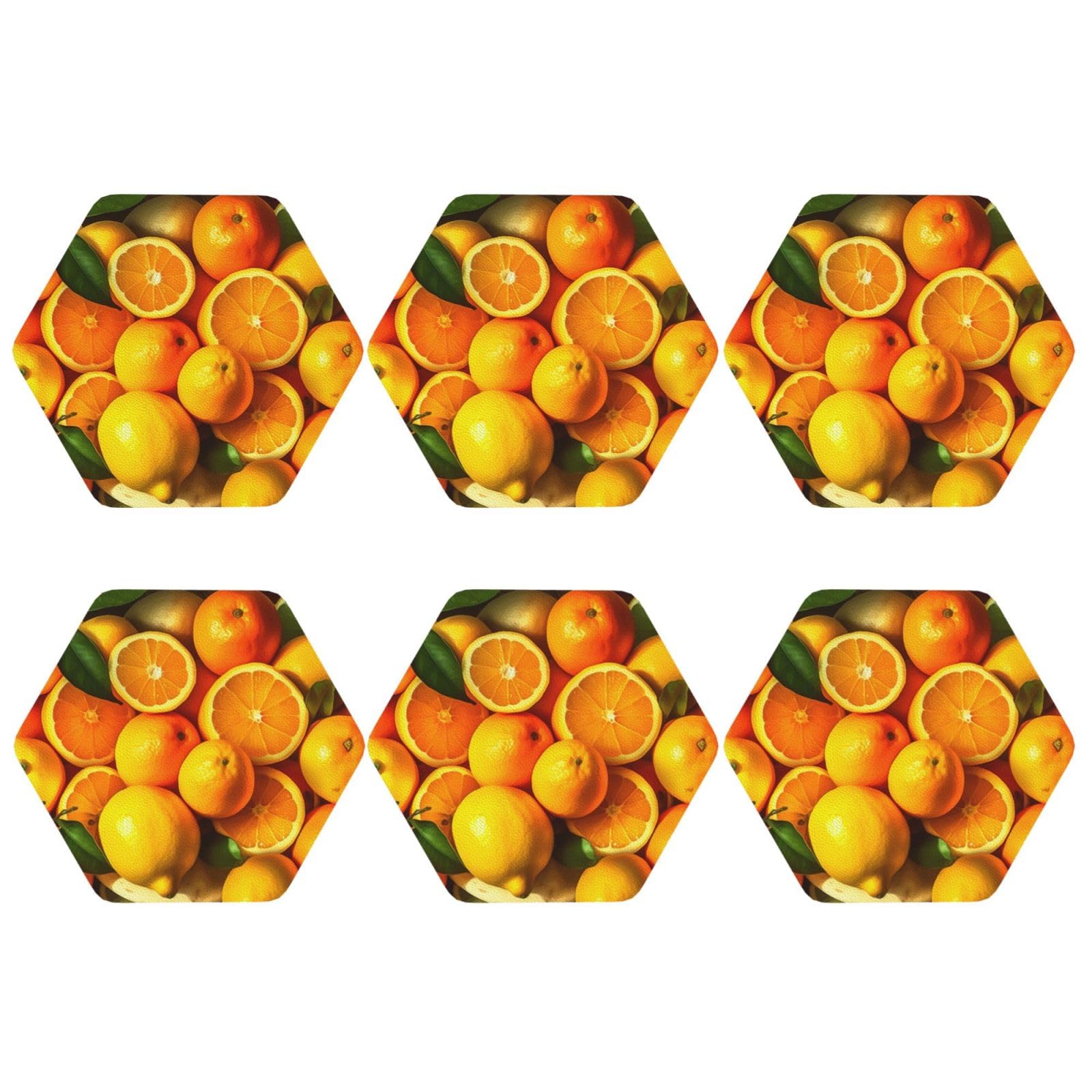 6pcs Leather Coasters for Drinks, Oranges and Lemons Drink Coasters for Tabletop Protection, 4" Cup Coasters for Coffee Table Decor, Non-Slip Drinking Cup Mat for Hot Or Cold Drink