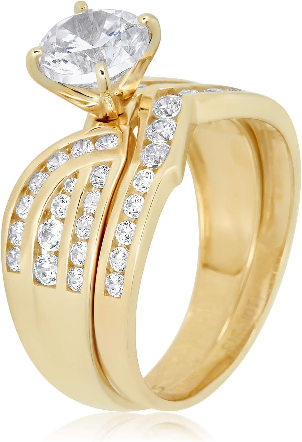 AVORA 10K Yellow Gold 1.25 Carat 3-Row Simulated Diamond CZ Anniversary Bridal Engagement Wedding Band Ring Set