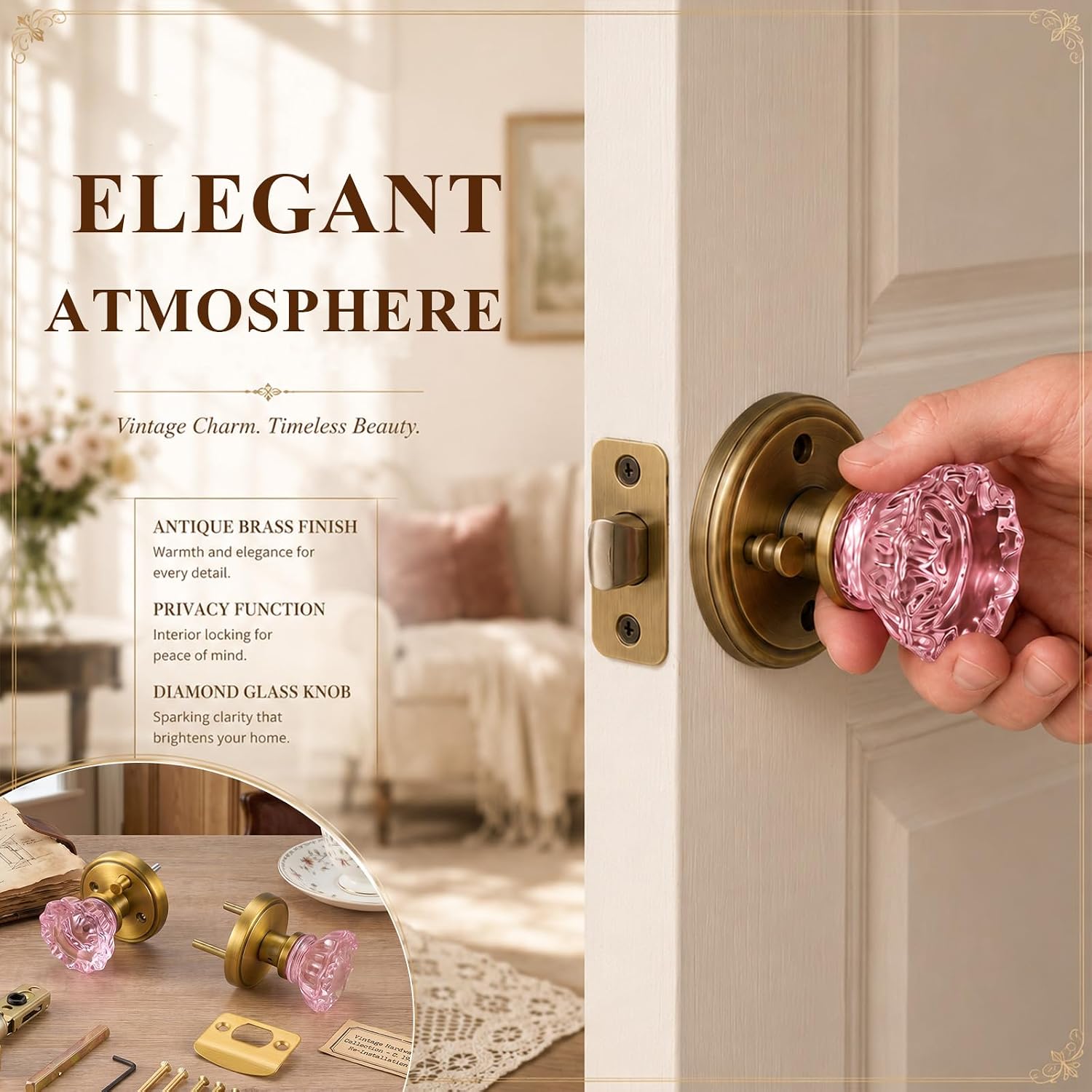 2 Pack Pink Crystal Glass Door Knobs Interior, Pink Door Knob | Gold Antique Brass Door Knobs with Lock, Privacy Doors Knob for Bedroom and Bathroom Glass Knob, Zinc Alloy