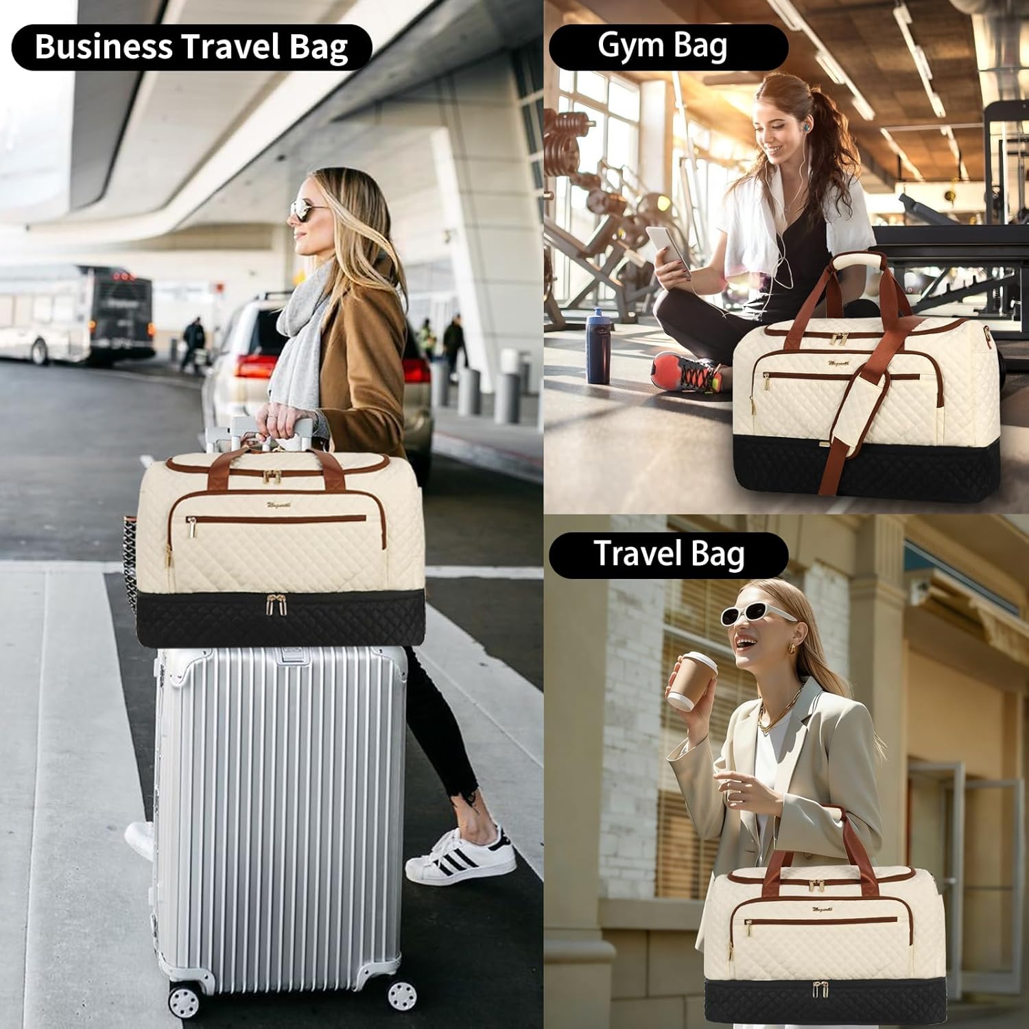 Wogarl 3PCS Weekender Bags for Women Large Overnight Bag Weekend Travel Duffel Bag Carry on Shoulder with Shoe Compartment Canvas Toiletry Bag for Travel Business Gym,Black White