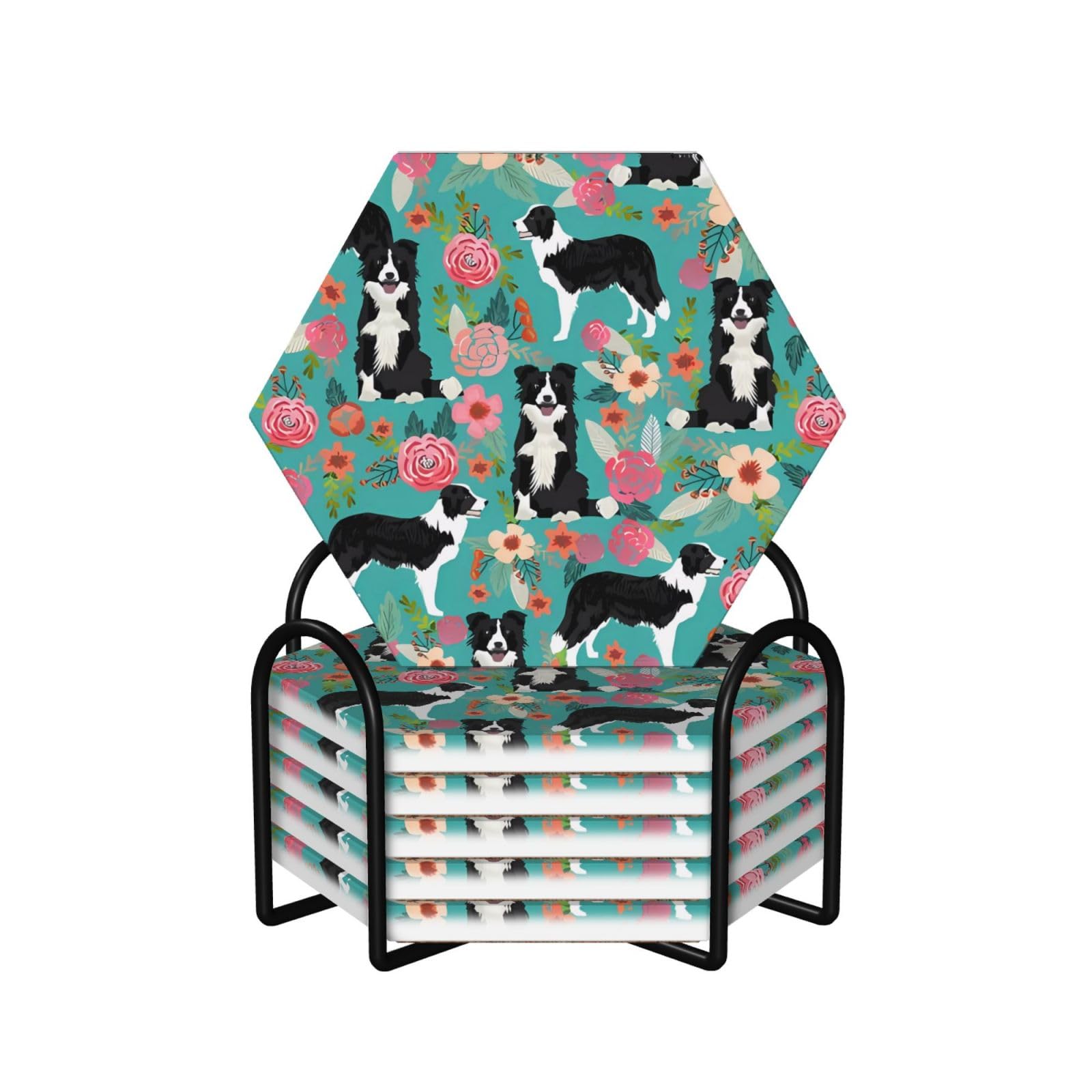 Dessous de verre céramique Border Collie de qualité supérieure avec socle métallique noir