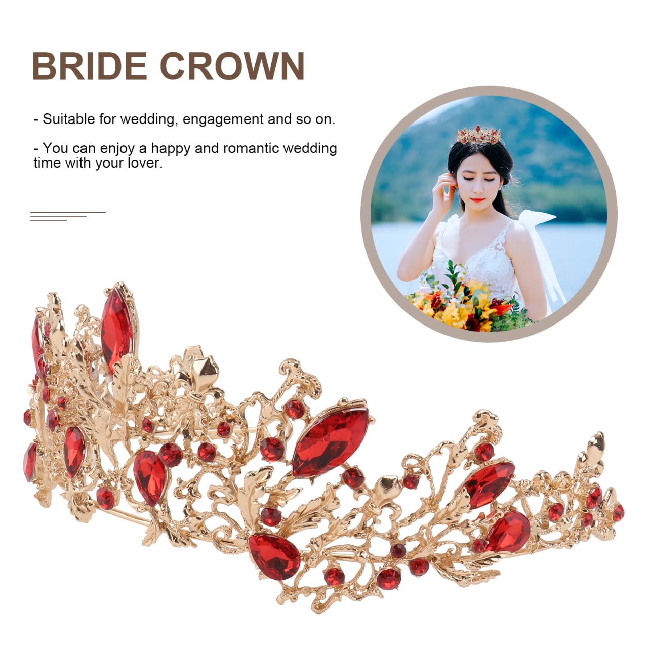 Barock Couronne de mariée vintage avec strass en cristal rétro pour femme mariée (rouge et doré)