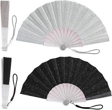 HeyToo 2pcs Women Handheld Hand Held Folding Fan Foldable Fans For Summer Fan With Glitter Fabric and Shining Transparent Rib Decorative Festival Party Wedding Club Dancing For Men Women N Gifts S&B