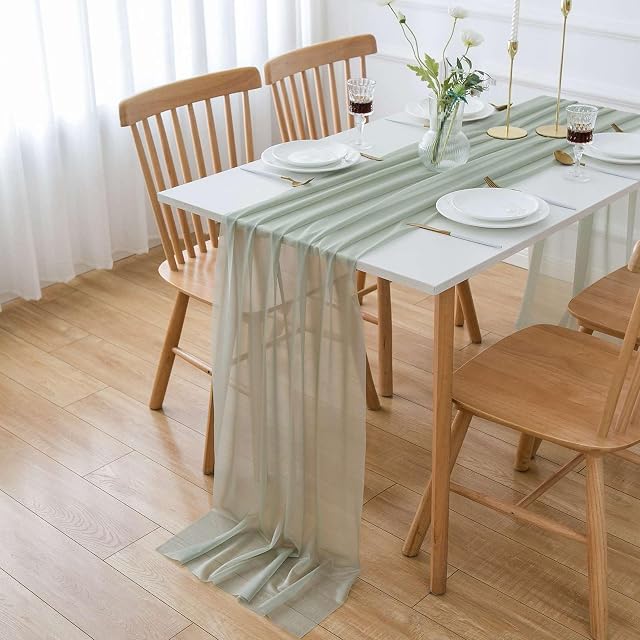 AOKSUNOVA Chiffon Table Runner Green Table Runner Sage Green Fabric Tulle Light Green Washable