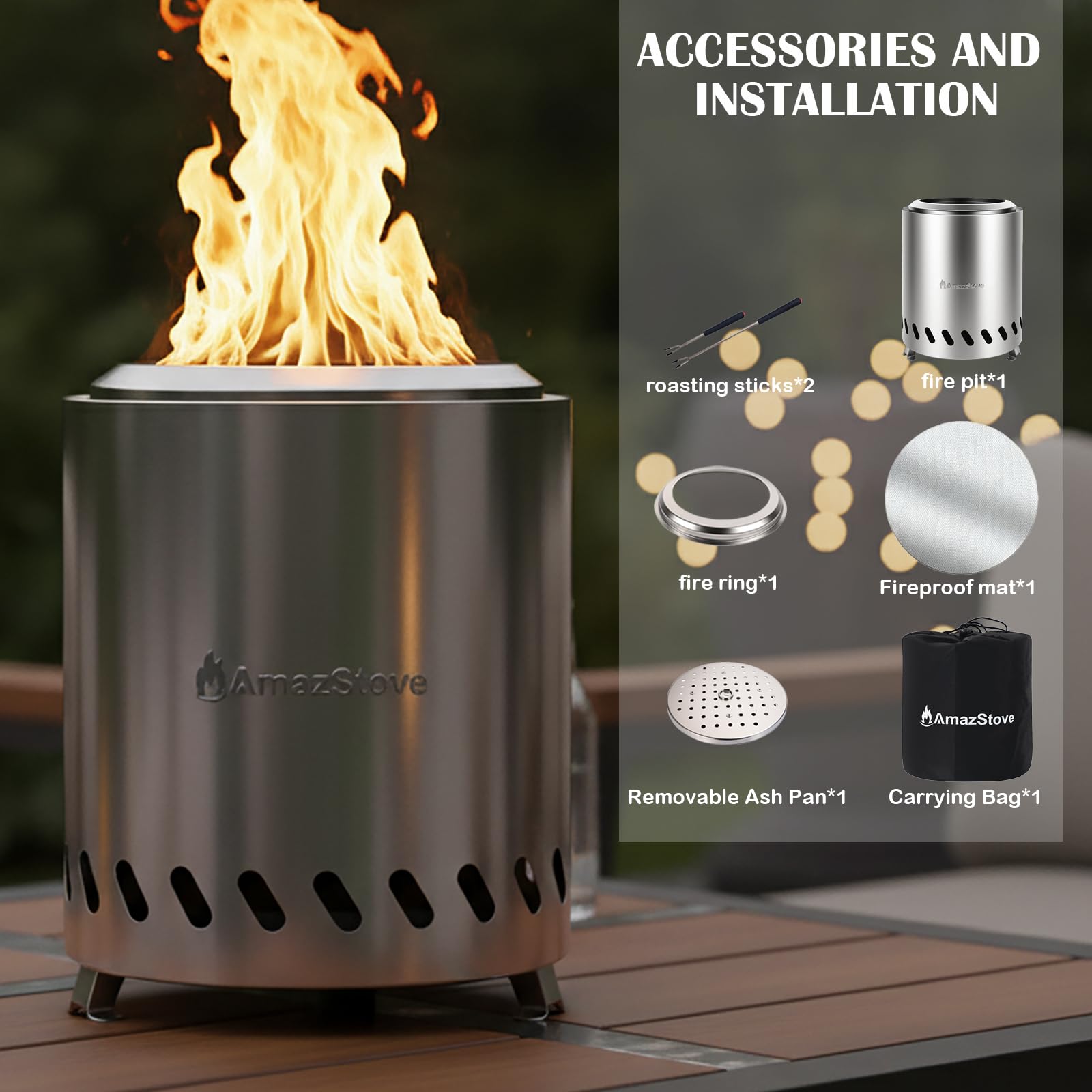 Palenisko stołowe firmy AmazStove, kuchenka kempingowa o niskiej emisji dymu do bezpiecznego paleniska na zewnątrz, napędzana granulatem lub drewnem, torba podróżna w zestawie, srebrna