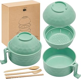 1 Set Microwave Ramen Cooker 33oz Wheat Straw Microwave Noodle Bowl Set with Chopsticks, Spoon, Fork, College Dorm Office Apartment Essentials (Light Green)