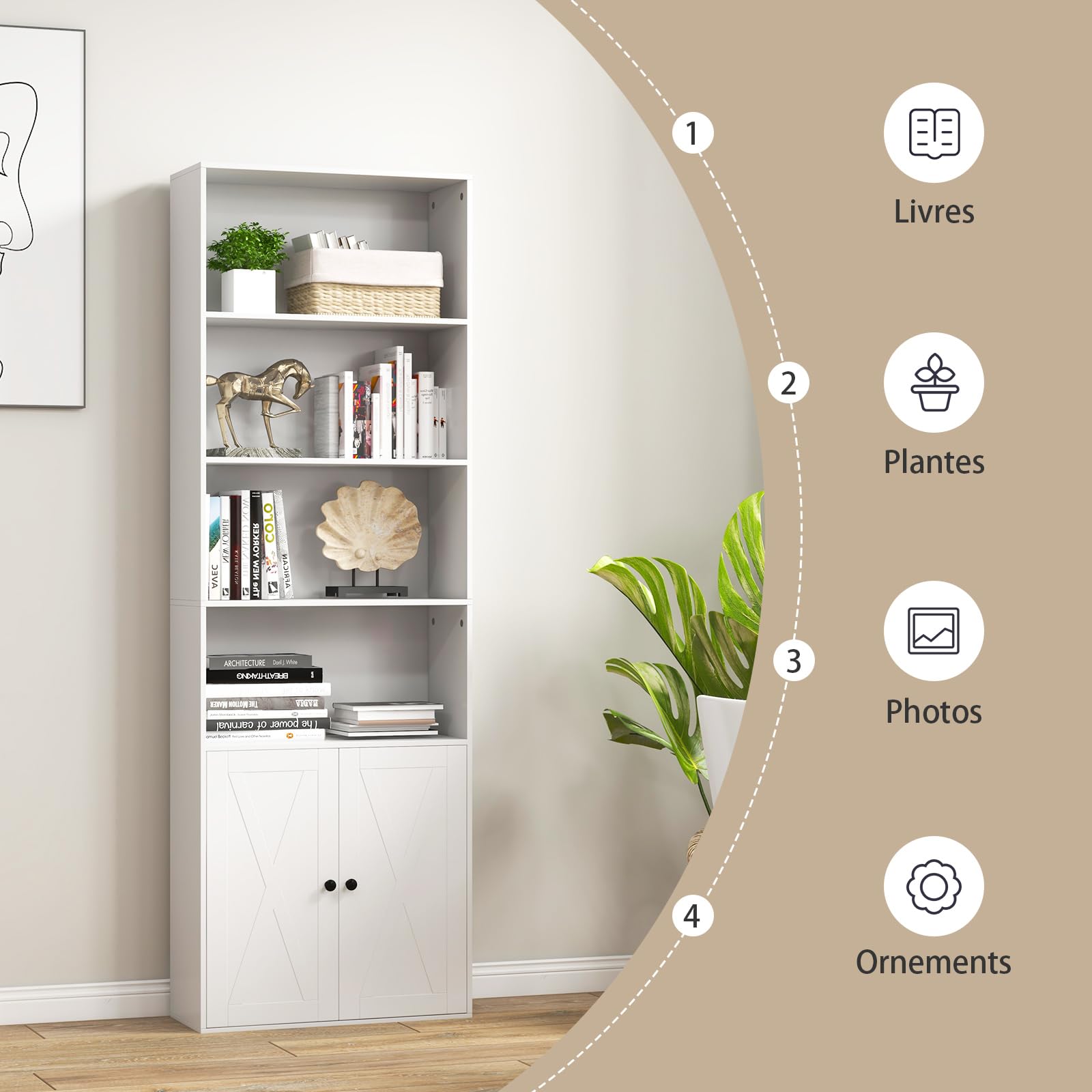 GOPLUS Librería de 6 Estantes, Puertas de Estilo Firme, Versátil Estantería de Almacenamiento con Estantes Ajustables para Oficina, Sala de Estar, Estudio, Blanco