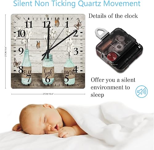 Miniatura 3 de Relax Soak Unwind - Reloj de pared de 10 pulgadas, ramo floral de algodón blanco en jarrón rústico, reloj silencioso de cuarzo sin tictac, funciona