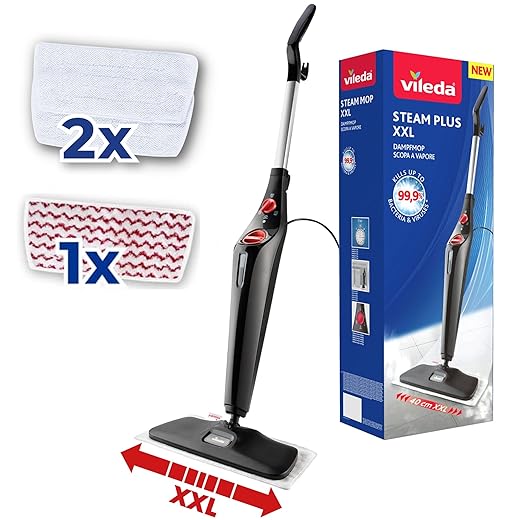 Vileda 4023103229761 Steam PLUS XXL stoomreiniger incl. PowerPad, verwijdert tot 99,9% van de bacteriën, alle vloeren,zwart