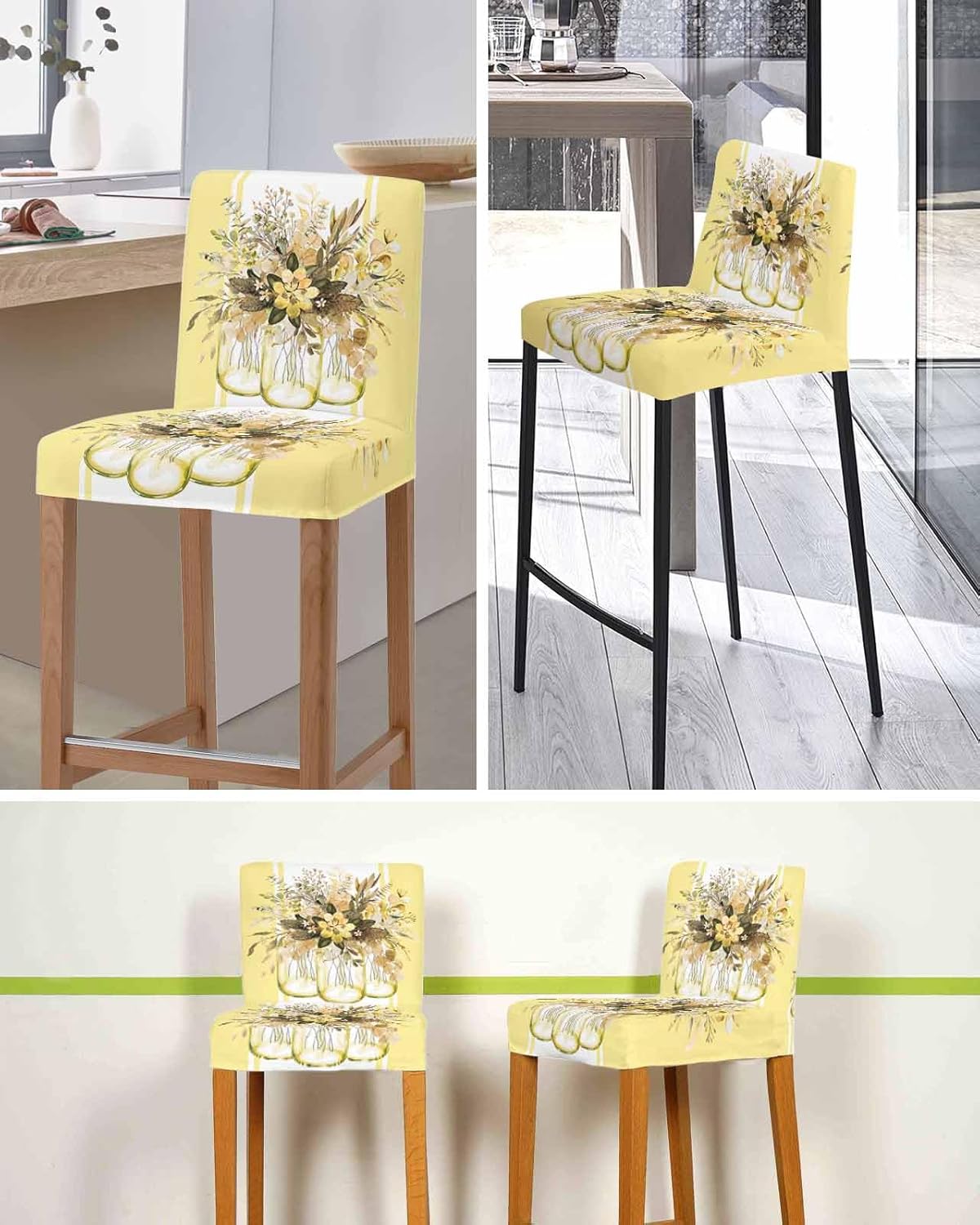 Bar Chair Stool Covers Set of 6, Yellow Eucalyptus Stretch Washable Removable Bar High Chair Cover, Farmhouse Spring Summer Botanical Floral Elastic Bar Chair Protector for Kitchen/Restaurant