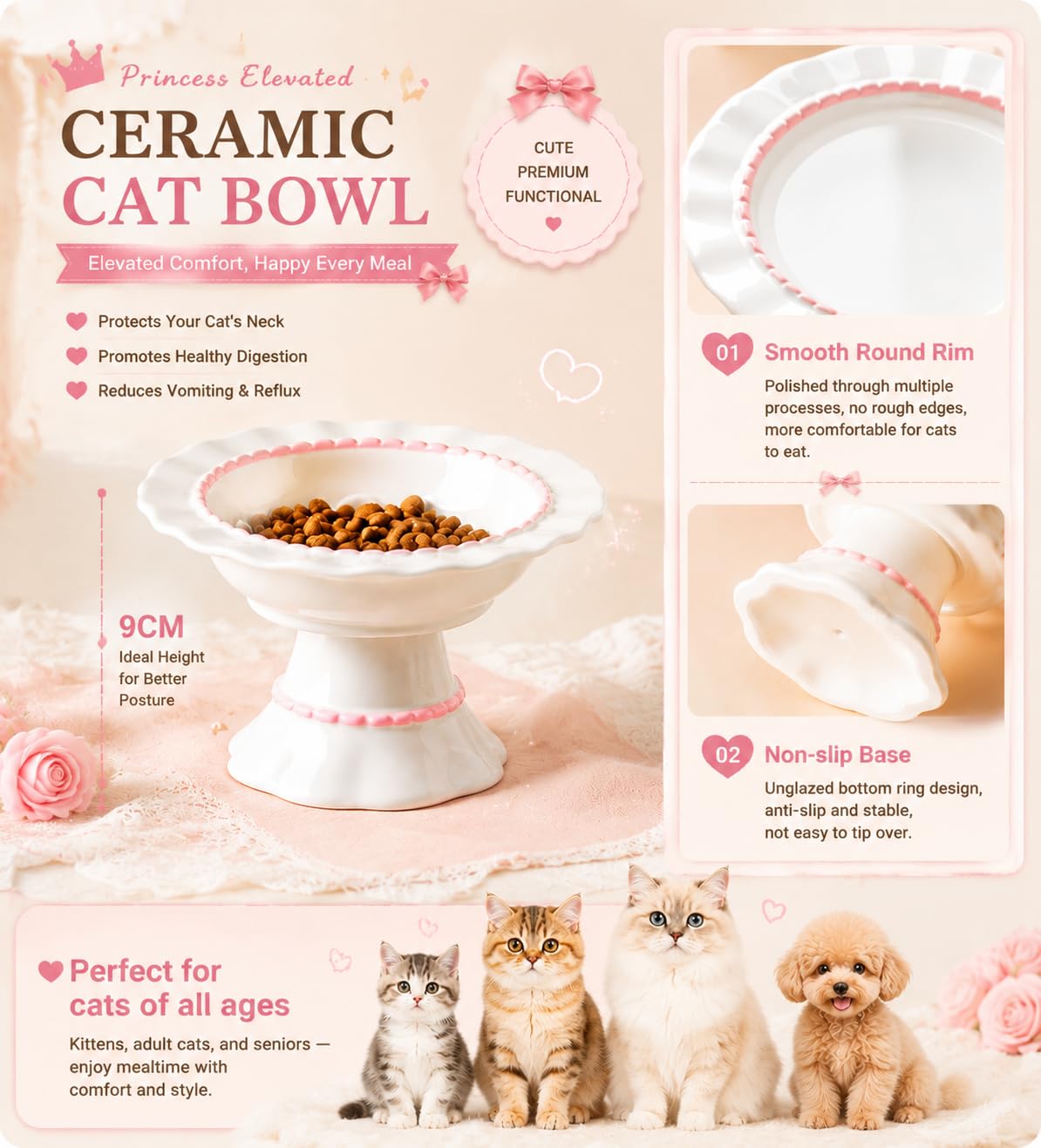 Lot de 2 gamelles surélevées en céramique pour chat avec alimentation lente et eau - Protection du cou - Anti-étouffement - Décoration d'intérieur élégante et cadeau pratique pour les parents