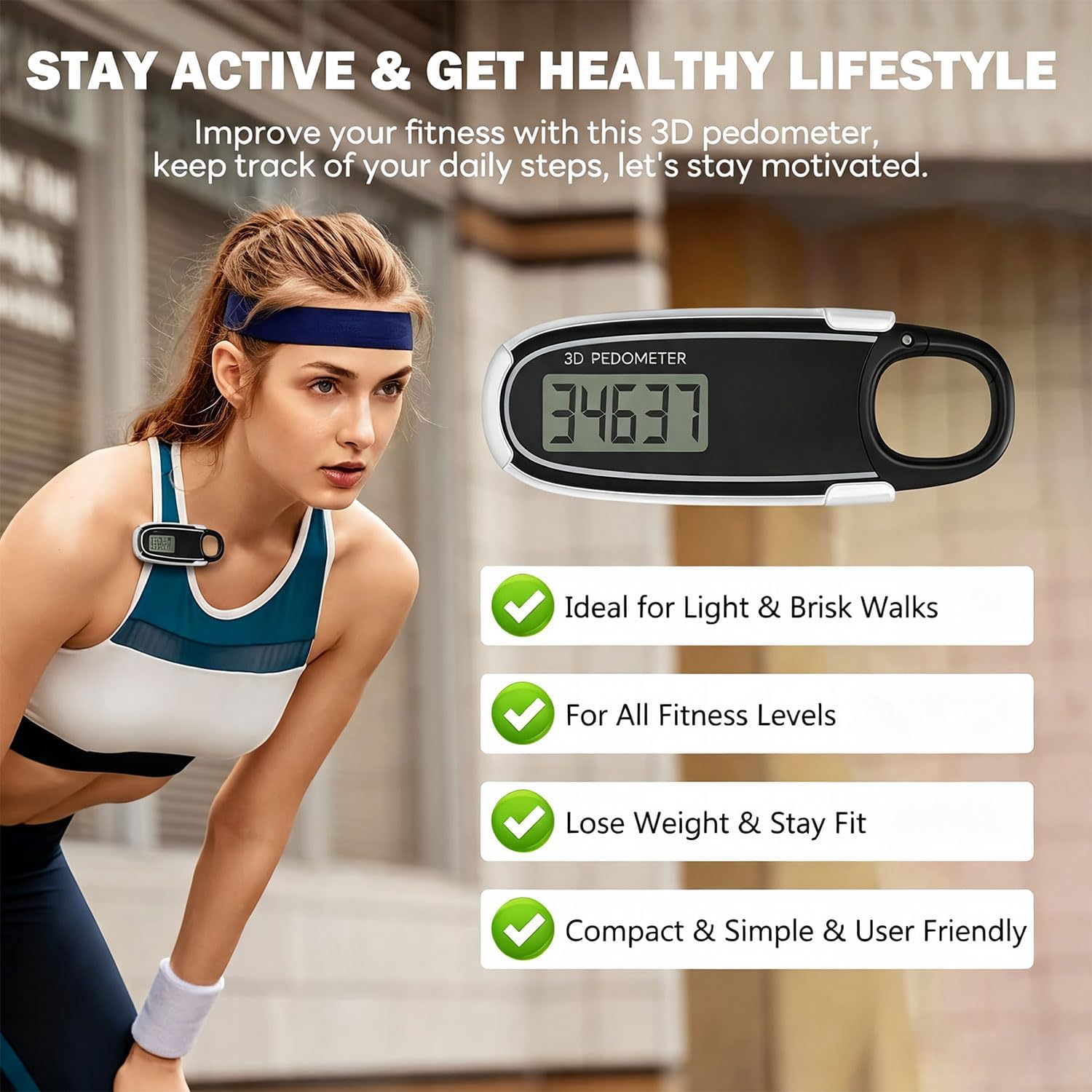 Simple 3D Pedometer for Walking & Running, Accurate Step Counter No App Required, Non-Bluetooth Fitness Tracker with Clip, Lanyard & Large Display for Sports Enthusiasts, Seniors, Men & Women