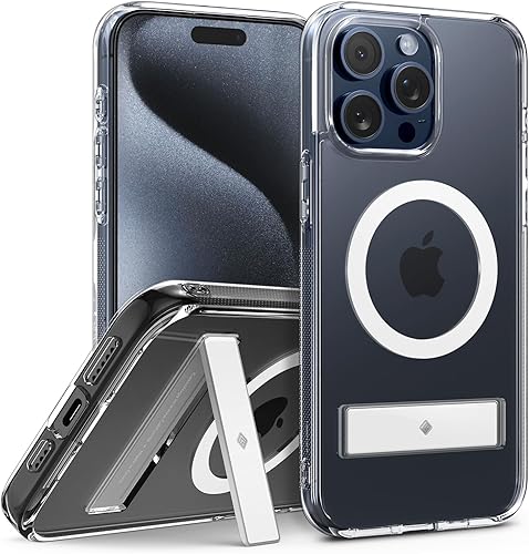 Caseology Capella Mag Kickstand - Funda 5G con función atril para iPhone 15 Pro Max ultratransparente antiamarilleamiento compatible con Magsafe
