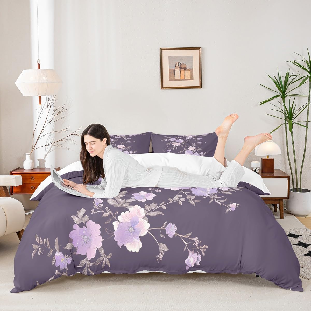 Purple Floral Duvet Cover Queen Size,Plants and Flowers Comforter Cover with 2 Pillowcase for Teens,Kids Botanical Floral Bedding Set,Purple Breathable 3 Pcs Decorative Bed Cover(No Comforter)
