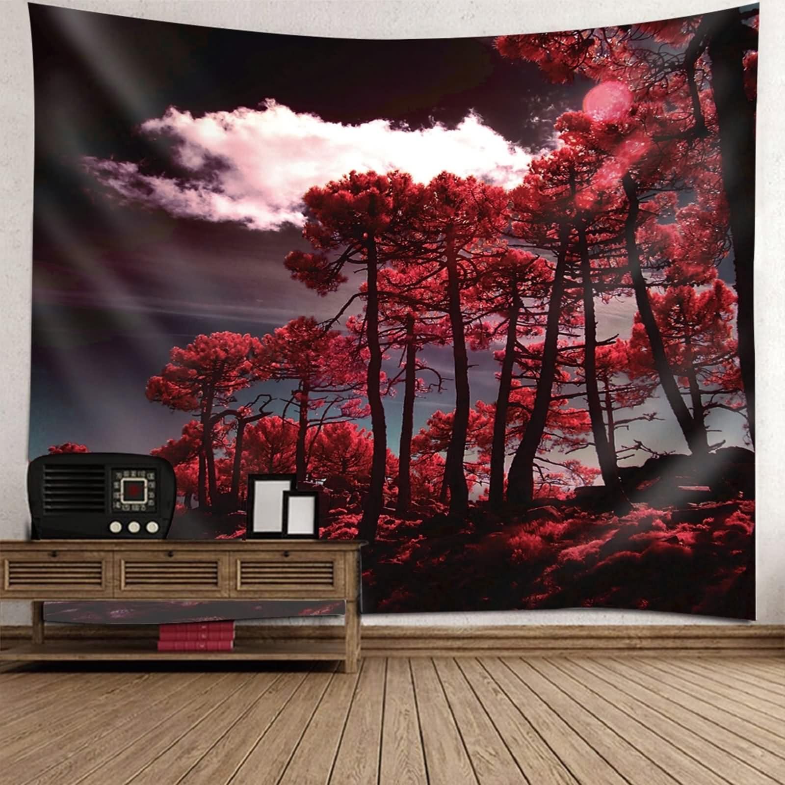 Aotiwe Zasłona ścienna w stylu boho, dywan ścienny do zawieszenia, drzewo z czerwonymi liśćmi, czarno-czerwona, 350 x 256 cm