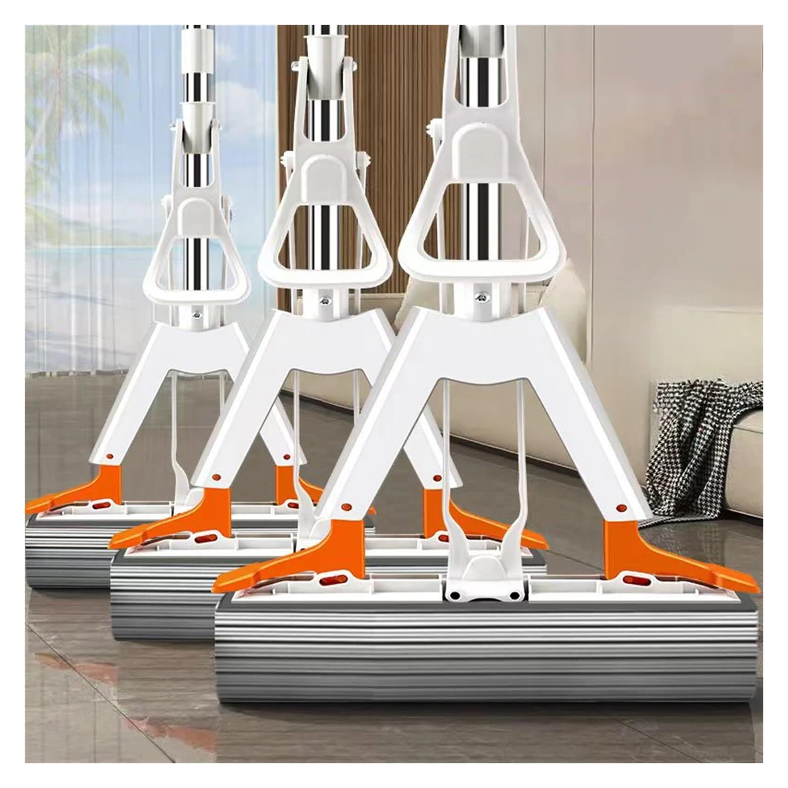 Trapeador de algodón Goma autodrenante Tipo apretón, autolimpieza Manos Libres(White-2 Sponge-Hook)
