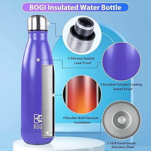 Miniatura 3 de BOGI Botella de agua aislada de 17 onzas, botellas de agua de acero inoxidable de doble pared al vacío, a prueba de fugas, mantiene la bebida