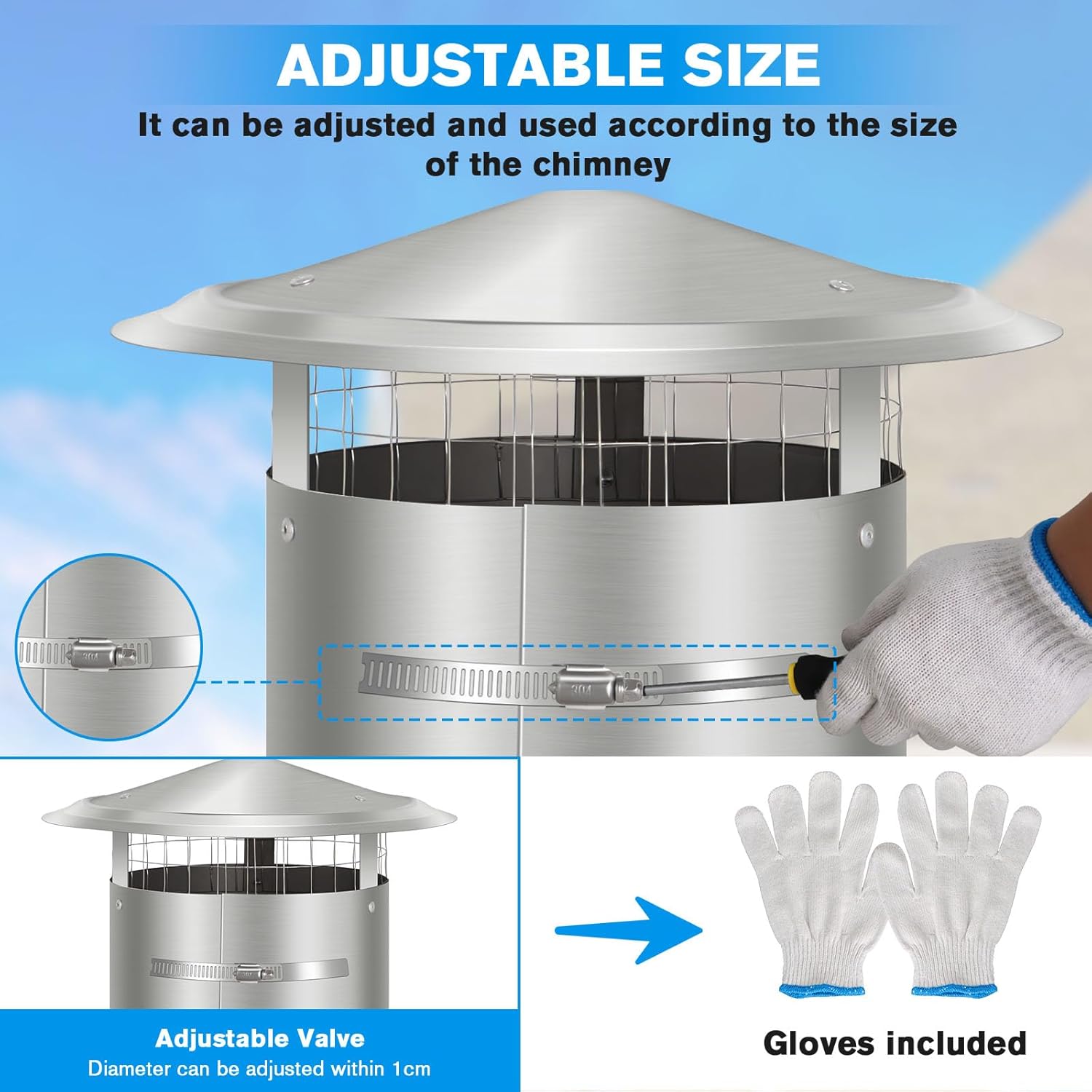 8 Inch Round Chimney Cap with Screen, Tapered Top Roof Rain Chimney Cover for Outside,Adjustable Fireplace Stove Pipe Topper, Stainless Steel