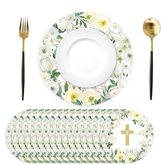 Christian Paper Placemats Disposable 50 Pack White Floral Blessed Cross Place Mats 13.7 Inch Round Table Mats for First Communion Baptism Wedding Bible Verse Prayers Religious Party Decoration