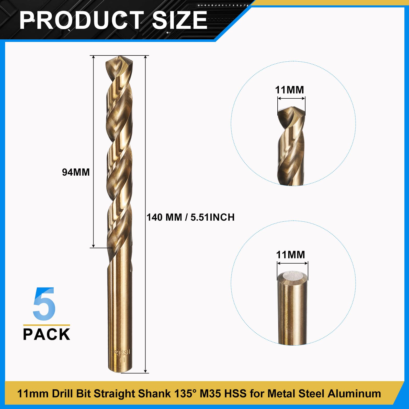 PATIKIL 11mm Drill Bit, M35 Cobalt 5% High-Speed Steel Jobber Straight Shank 135° Gold Finish for Stainless Steel Hard Metal - 5 Pack - Image 2