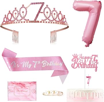 7th Birthday Decorations for Girls, Pink Sash and Rhinestone Tiara Crown Set, Including Cake Topper, Number Candle, Balloon, Ideal for 7 Year Old Birthday Party Supplies
