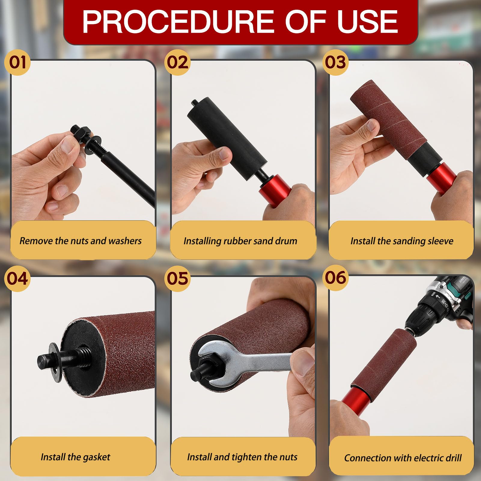 Lijadora de husillo de tambor de mano para carpintería, tambor de lijado de goma para taladro (rojo)