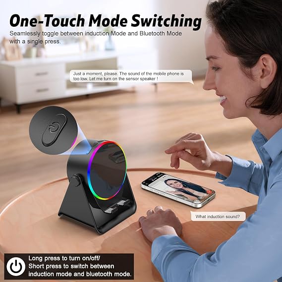 Wireless Induction Speaker- 5 in1 Bluetooth Speaker Phone Stand with Colorful Ambient Light 360 Rotation Compatible with iPhone Android iPad Samsung Galaxy- Unique Birthday Gift for Men Women Adults