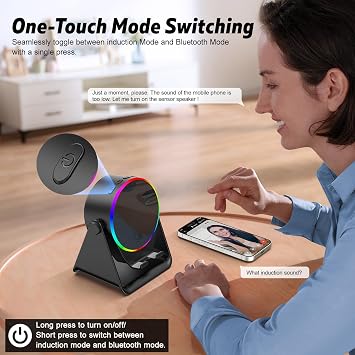 Wireless Induction Speaker- 5 in1 Bluetooth Speaker Phone Stand with Colorful Ambient Light 360 Rotation Compatible with iPhone Android iPad Samsung Galaxy- Unique Birthday Gift for Men Women Adults