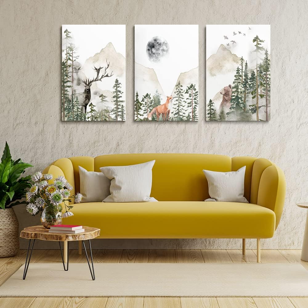GUBIYU Boho Woodland Animal Nursery Decor Framed Canvas Prints Mountain Forest Tree Wall Art 3-Pack 12"x16" Sage Green Beige