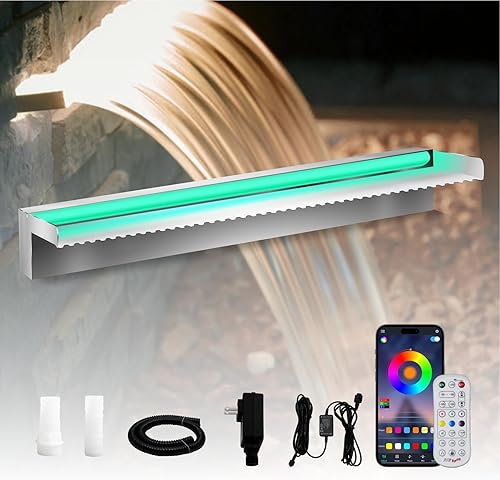 Fuente de piscina de acero inoxidable para estanque de cascada, kit de cascadas con luz LED, kit de cascadas de flujo de agua al aire libre para