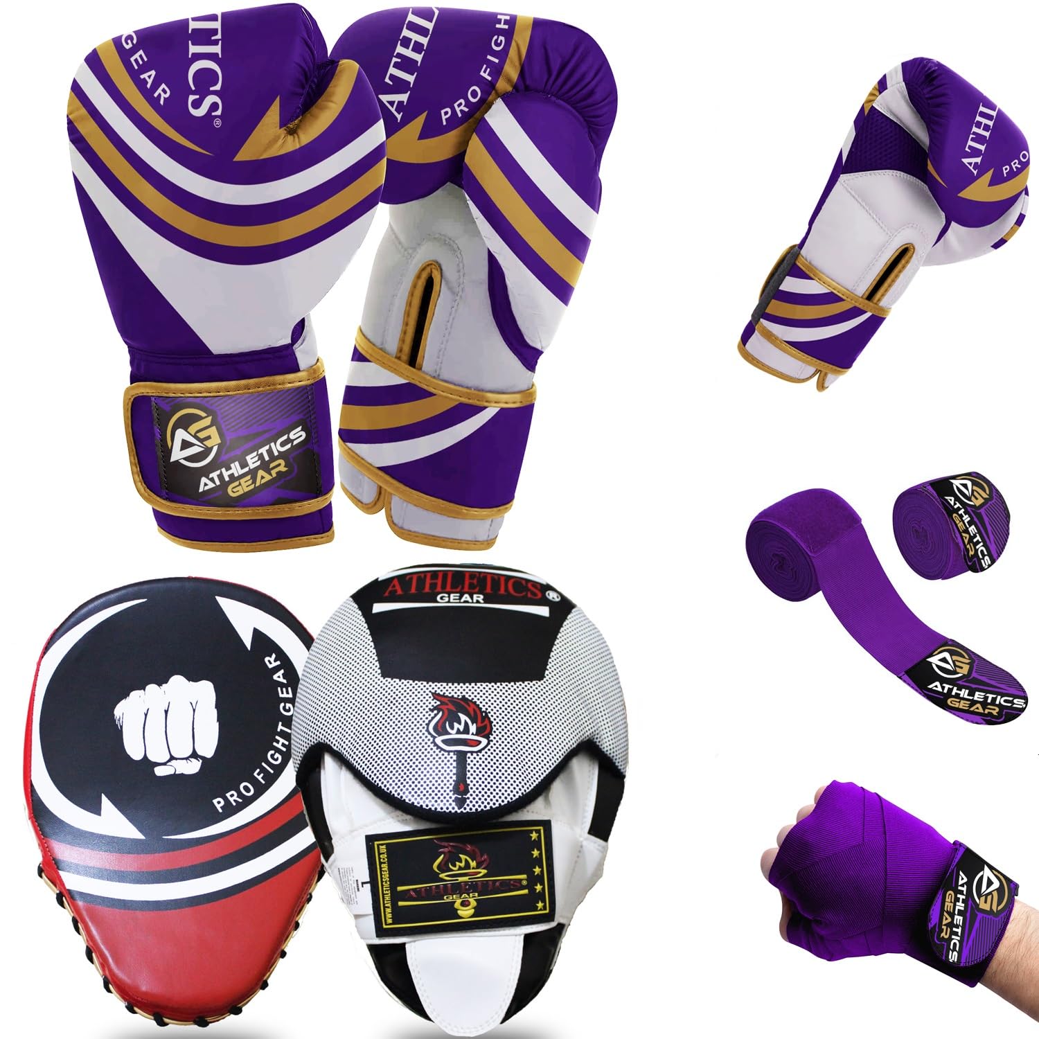 ATHLETIC GEARS SET – A Pair of Boxing Gloves, Boxing Pads, & Hand Wraps (Purple, 12 oz)