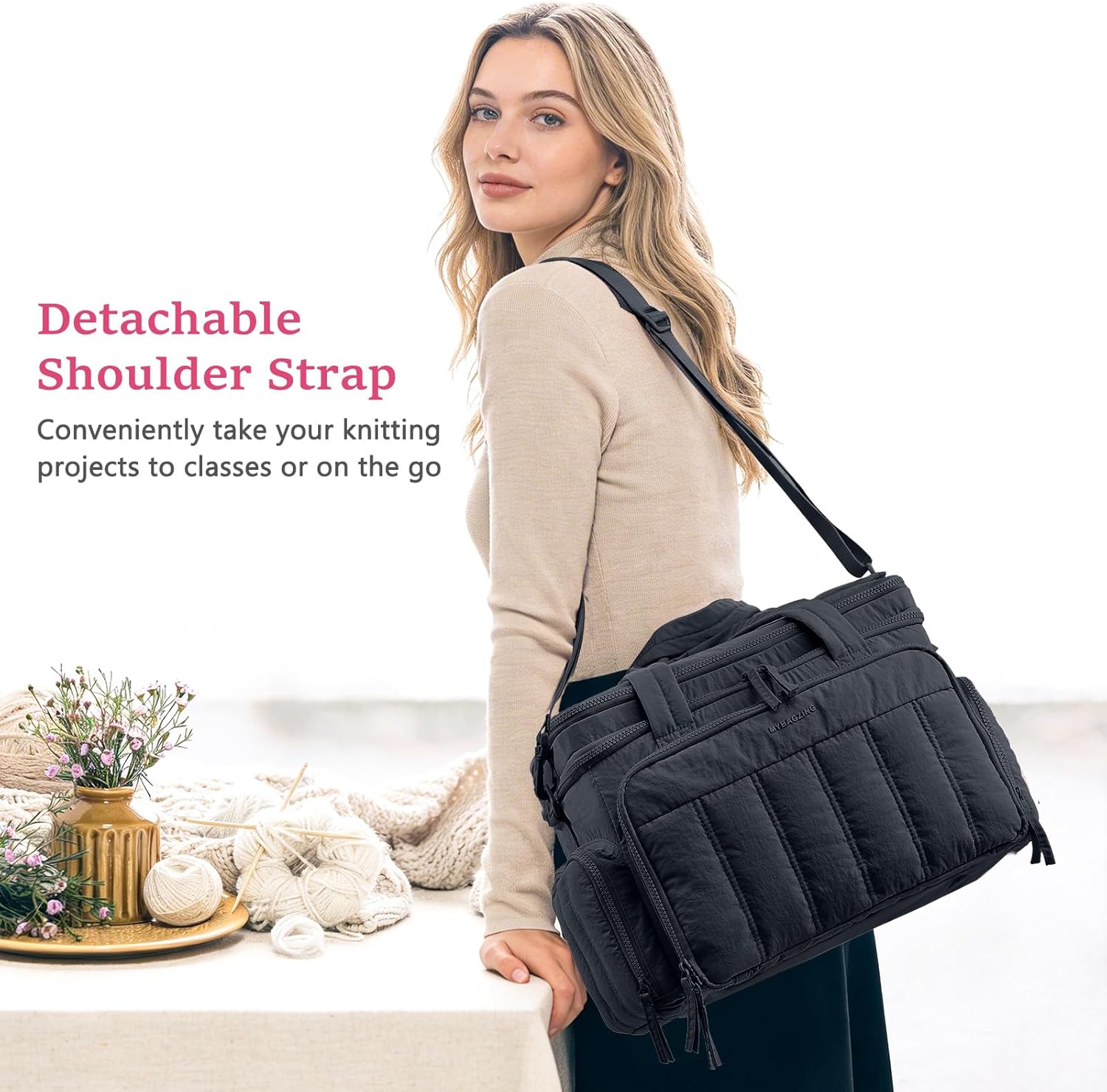 MYBAGZING Large Knitting & Crochet Bag Organizer for Yarn Storage, Double-Layer Knitting Project Bag with 6 Grommets, Yarn Organizer Tote for Knitting Supplies Crochet Hooks & Accessories Gift for Mom