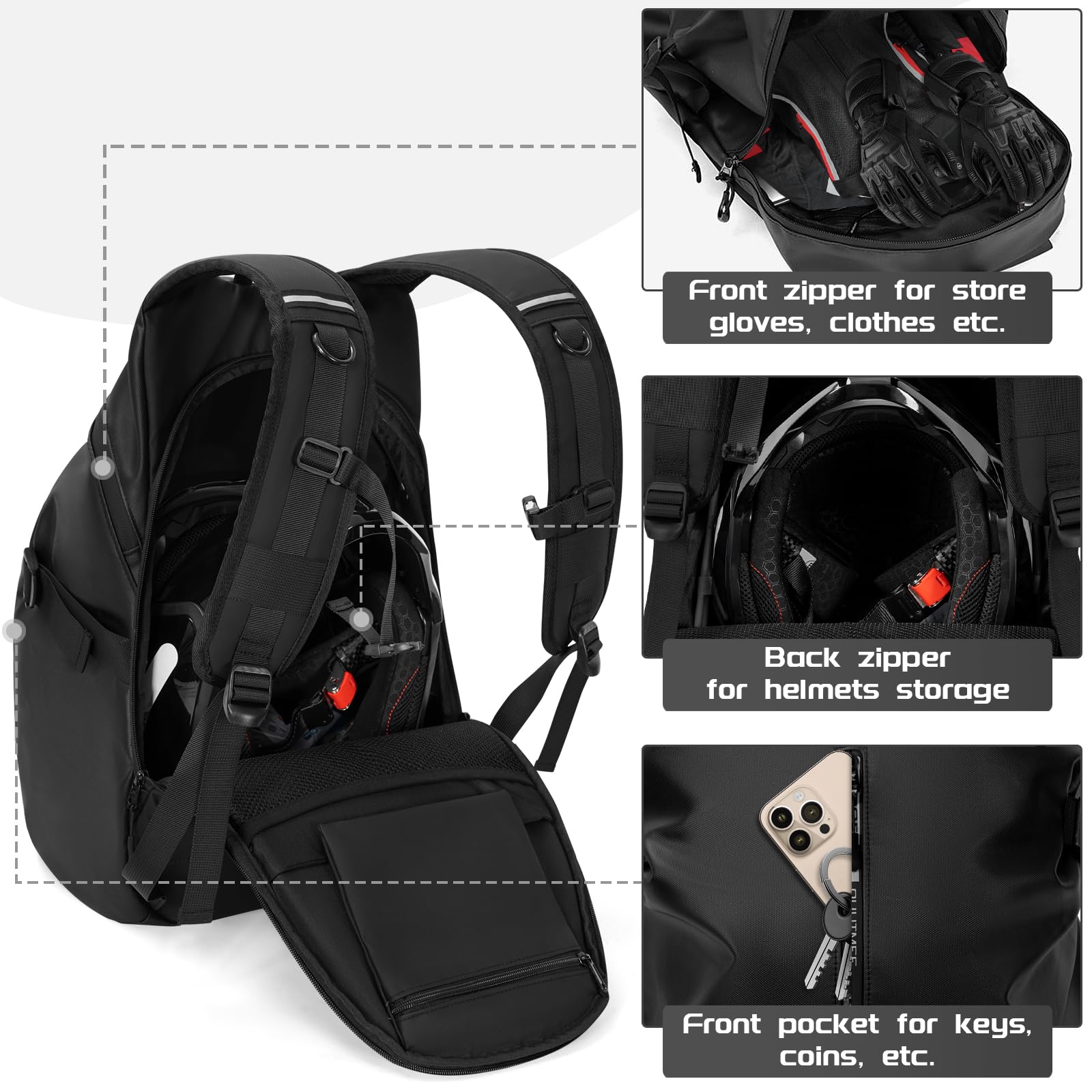 OUUTMEE Motorrad-Rucksack, Helm-Rucksack, wasserdicht, für Männer und Frauen, mit reflektierendem Band, Schwarz , Pe - 21 x 34.3 x 49CM, Reisetasche