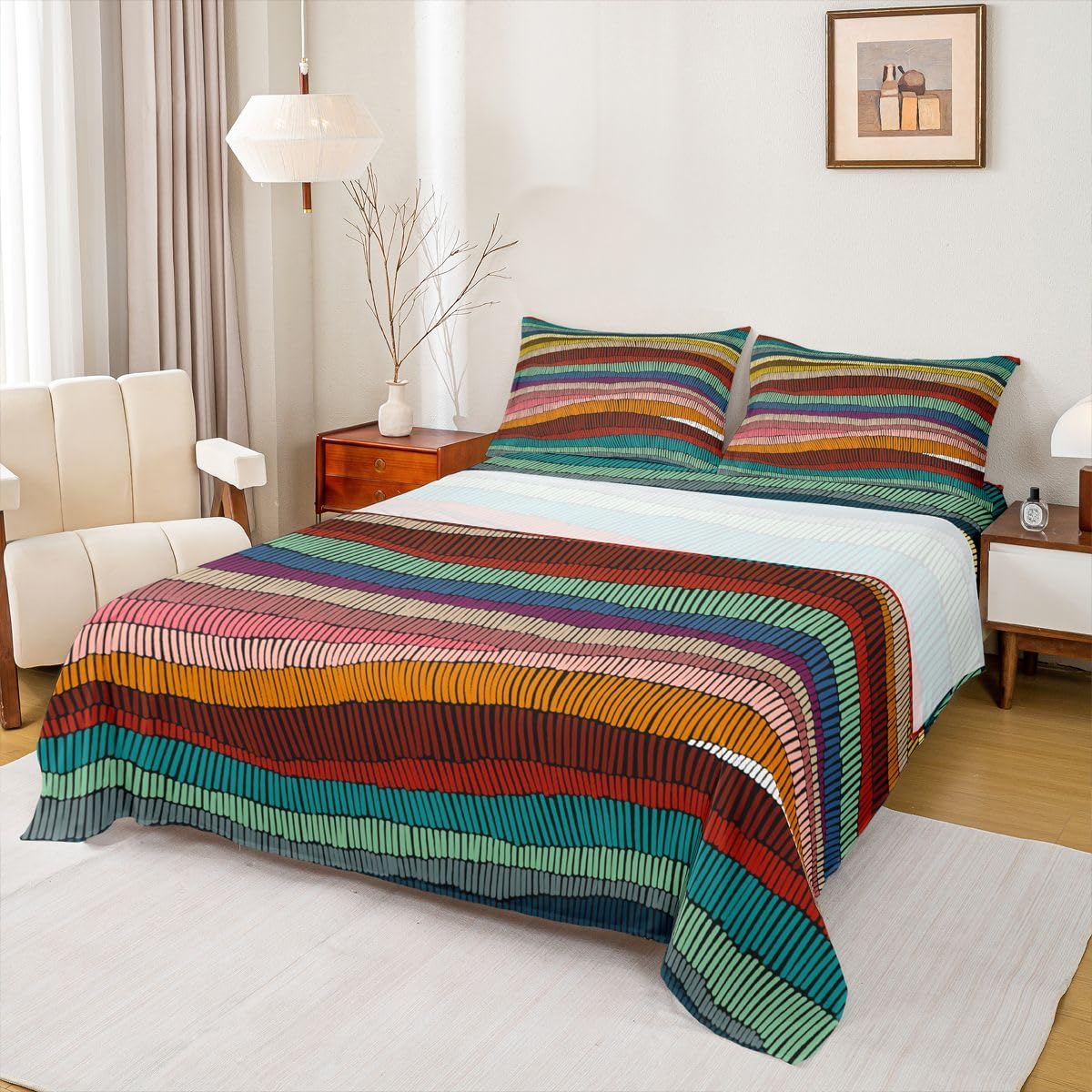 Erosebridal Boho Bed Sheets Set Queen Bohemian Wavy Sheet Set Rainbow Embroidered Waves Sheets Geometric Tribal Ethnic Bedroom Decor Colorful Abstract Flat Fitted Sheet for Adult
